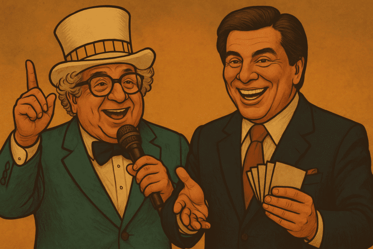 Ilustração dos mestres da comunicação brasileira, Chacrinha e Silvio Santos, representando seu legado na televisão e no entretenimento.