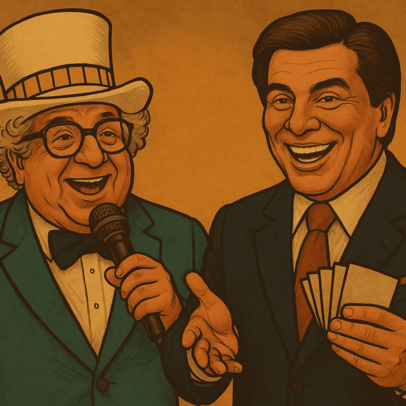 Ilustração dos mestres da comunicação brasileira, Chacrinha e Silvio Santos, representando seu legado na televisão e no entretenimento.
