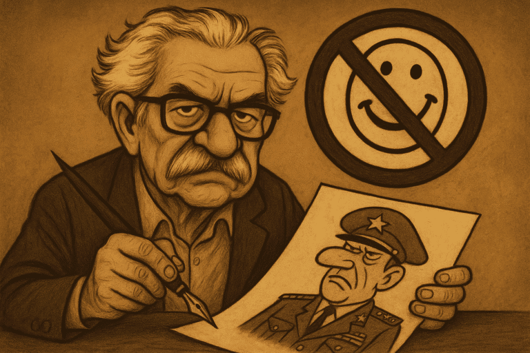 Ilustração em homenagem a Jaguar, cartunista brasileiro, simbolizando seu legado no humor e na crítica política.