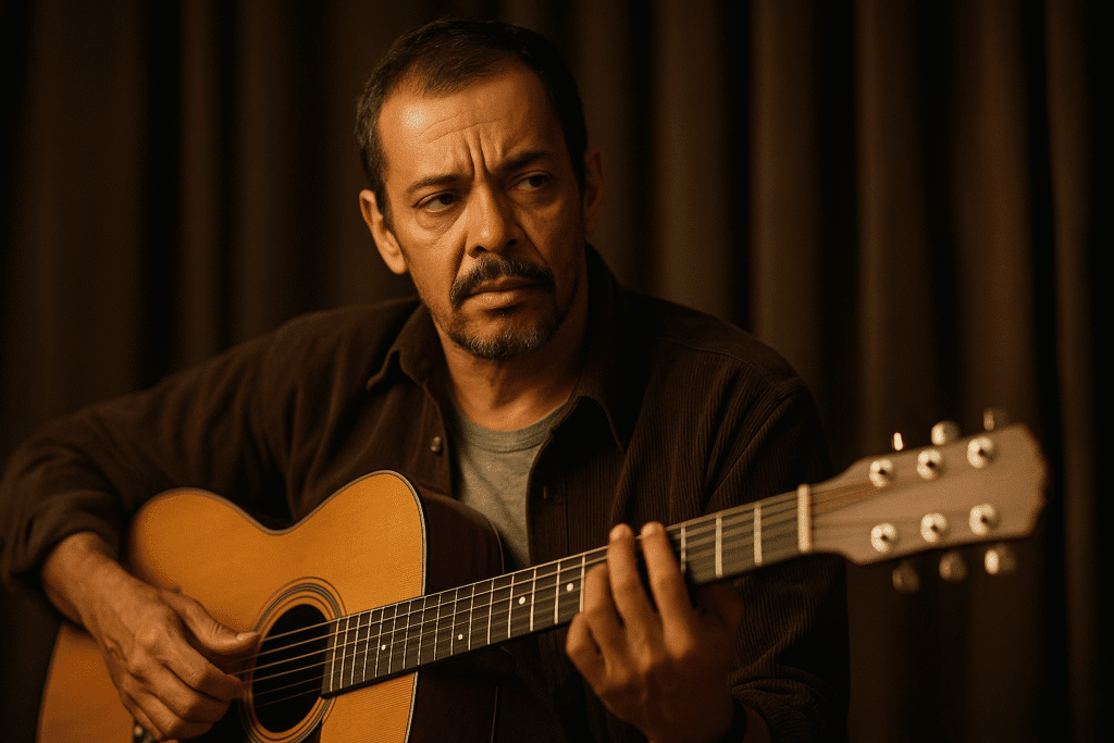 Cantor brasileiro tocando violão sob luz quente, representando Gonzaguinha e sua paixão pela música popular brasileira.