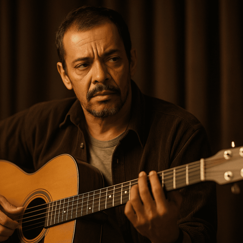 Cantor brasileiro tocando violão sob luz quente, representando Gonzaguinha e sua paixão pela música popular brasileira.