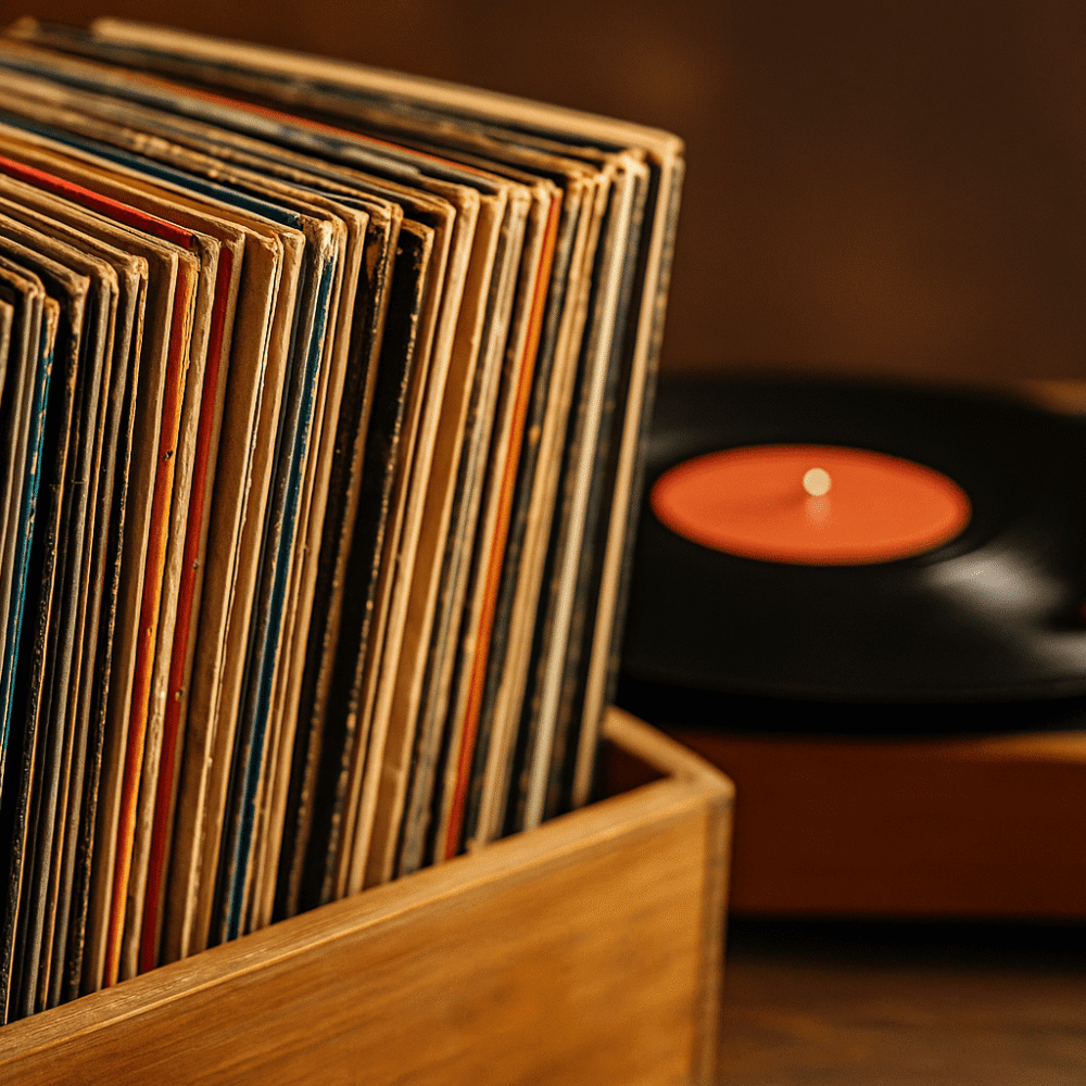 Coleção de discos de vinil em estante de madeira com vitrola ao fundo, simbolizando o retorno do vinil como formato musical valorizado.