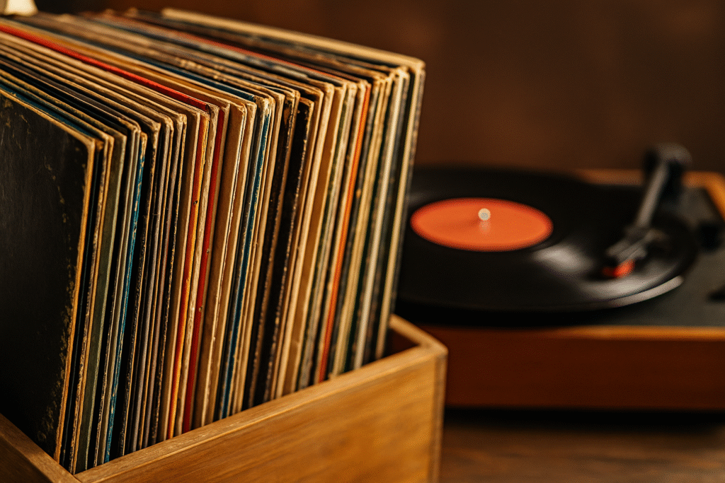 Coleção de discos de vinil em estante de madeira com vitrola ao fundo, simbolizando o retorno do vinil como formato musical valorizado.