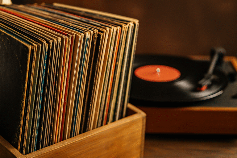 Coleção de discos de vinil em estante de madeira com vitrola ao fundo, simbolizando o retorno do vinil como formato musical valorizado.