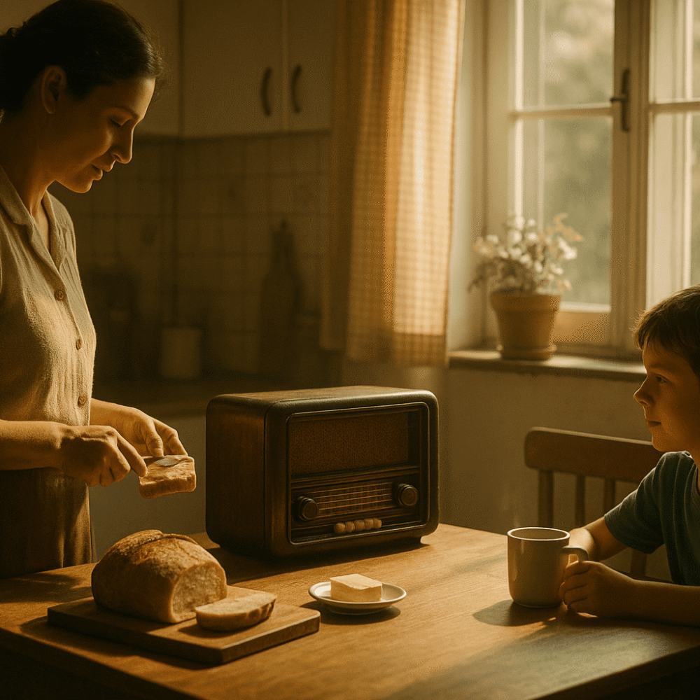 Cozinha iluminada pela manhã com rádio antigo sobre a mesa, mãe preparando café e criança ouvindo atenta, simbolizando a nostalgia e o encanto do rádio.