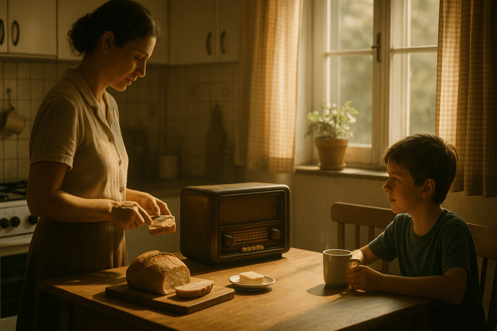 Cozinha iluminada pela manhã com rádio antigo sobre a mesa, mãe preparando café e criança ouvindo atenta, simbolizando a nostalgia e o encanto do rádio.