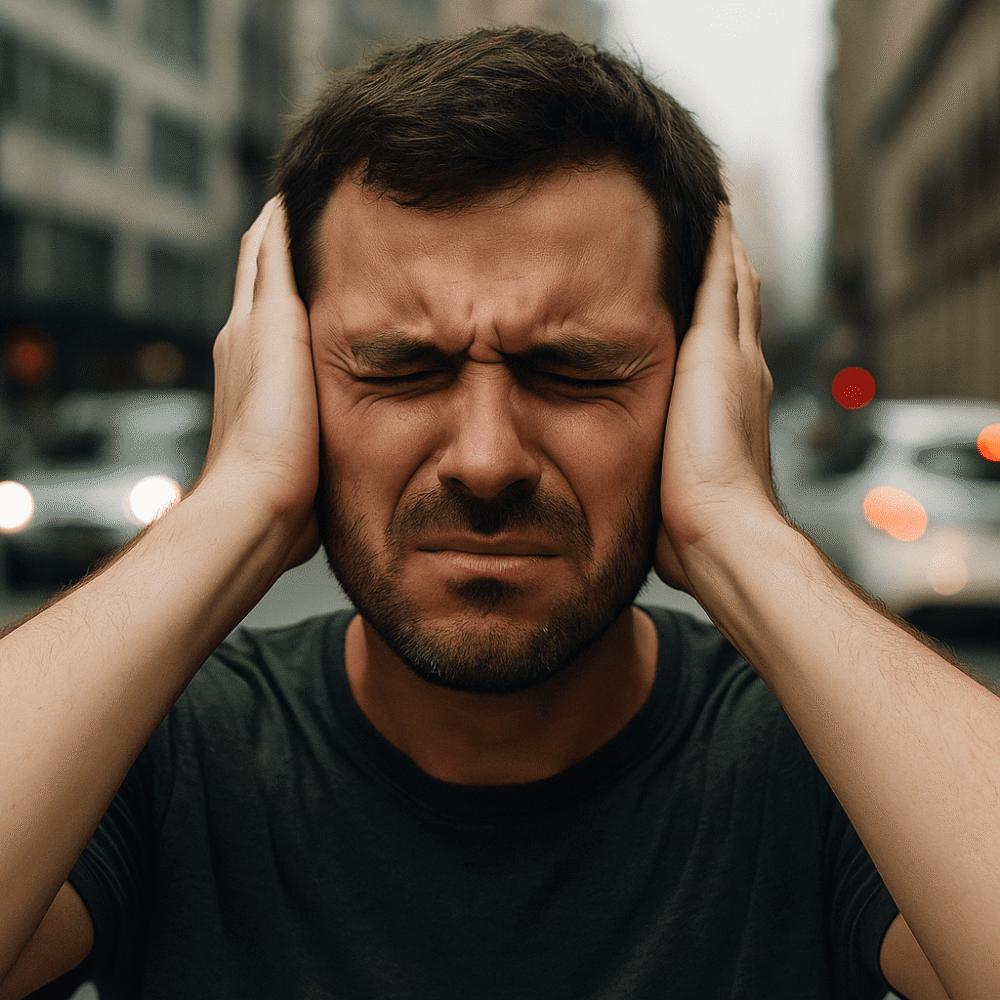 Homem tampando os ouvidos em meio ao trânsito da cidade, simbolizando o excesso de ruído e a busca pelo silêncio interior.
