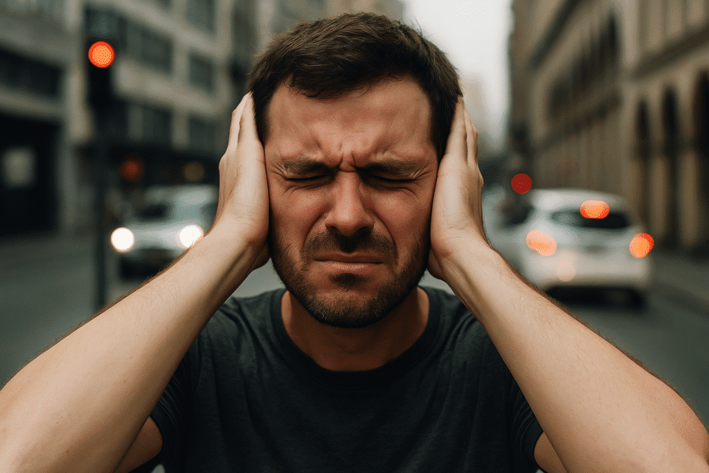 Homem tampando os ouvidos em meio ao trânsito da cidade, simbolizando o excesso de ruído e a busca pelo silêncio interior.