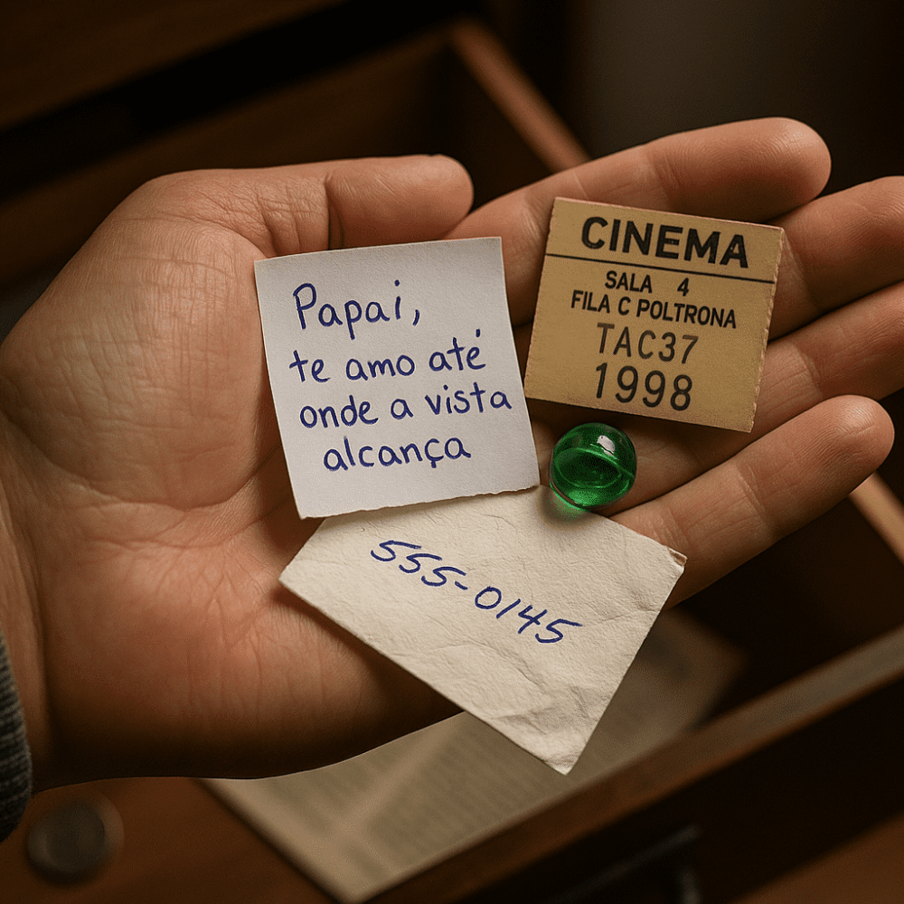 Mão segurando lembranças antigas: bilhete infantil, ingresso de cinema de 1998, bolinha de gude verde e guardanapo com número anotado, simbolizando memórias afetivas.