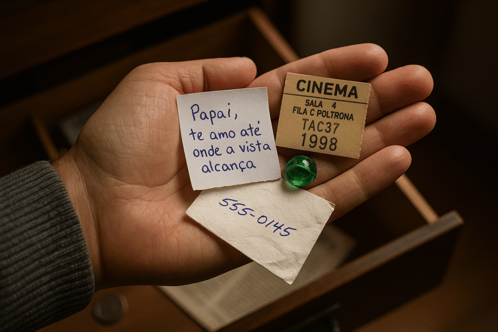 Mão segurando lembranças antigas: bilhete infantil, ingresso de cinema de 1998, bolinha de gude verde e guardanapo com número anotado, simbolizando memórias afetivas.