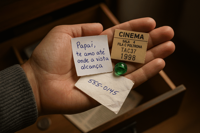 Mão segurando lembranças antigas: bilhete infantil, ingresso de cinema de 1998, bolinha de gude verde e guardanapo com número anotado, simbolizando memórias afetivas.