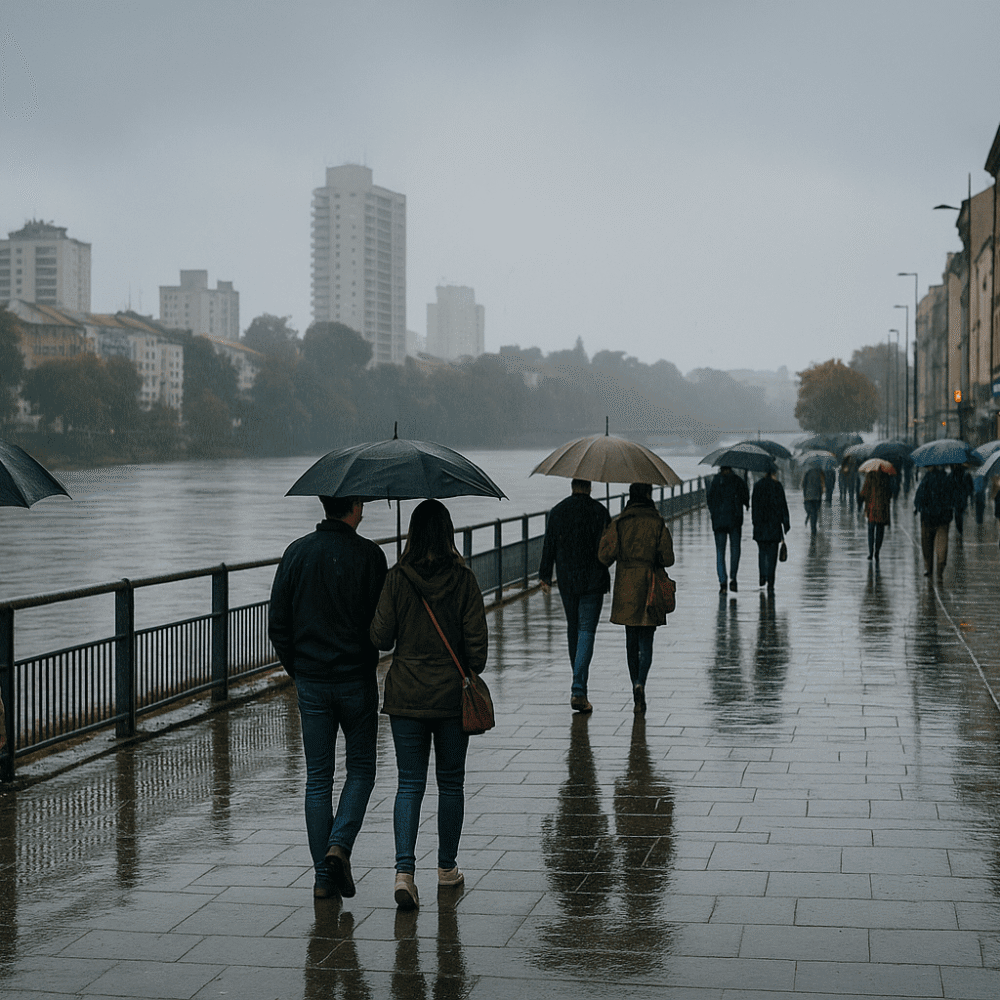 Pessoas caminhando sob guarda-chuvas em uma avenida à beira do rio Piracicaba em dia chuvoso, com reflexos nas ruas e atmosfera cinzenta e calma.