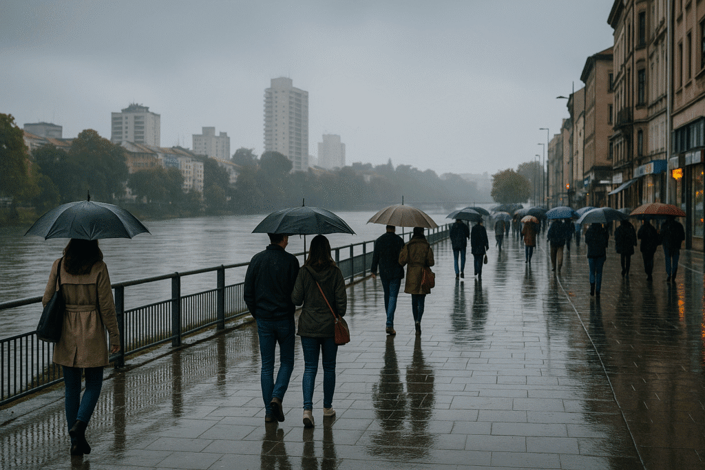 Pessoas caminhando sob guarda-chuvas em uma avenida à beira do rio Piracicaba em dia chuvoso, com reflexos nas ruas e atmosfera cinzenta e calma.
