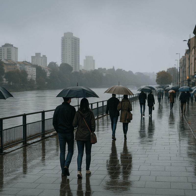 Pessoas caminhando sob guarda-chuvas em uma avenida à beira do rio Piracicaba em dia chuvoso, com reflexos nas ruas e atmosfera cinzenta e calma.