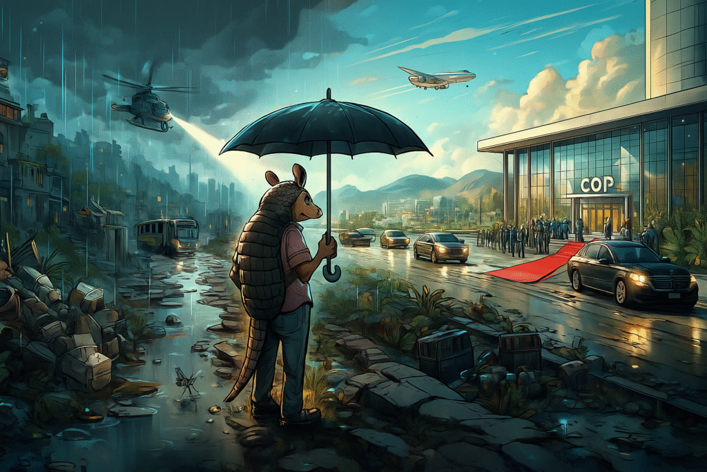 Tatu antropomorfizado com guarda-chuva observando contraste entre área urbana alagada e evento luxuoso da COP, simbolizando crítica social e ambiental.