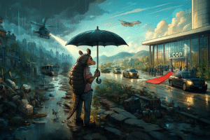 Tatu antropomorfizado com guarda-chuva observando contraste entre área urbana alagada e evento luxuoso da COP, simbolizando crítica social e ambiental.