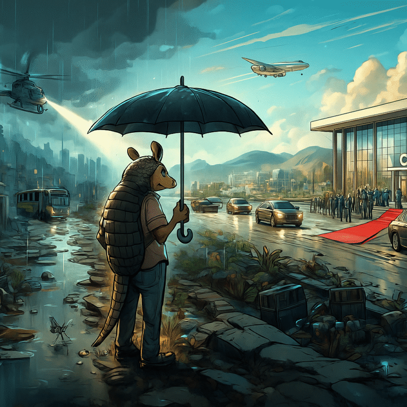 Tatu antropomorfizado com guarda-chuva observando contraste entre área urbana alagada e evento luxuoso da COP, simbolizando crítica social e ambiental.