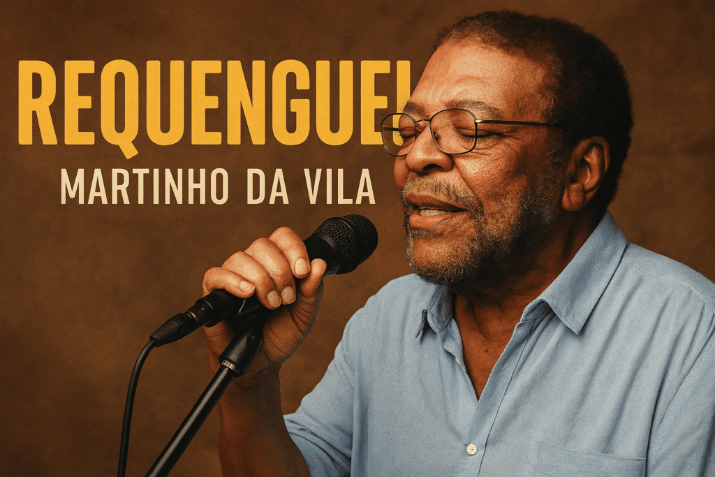 Cantor de samba interpretando canção ao microfone, representando Martinho da Vila e o simbolismo poético da música “Requenguela”.