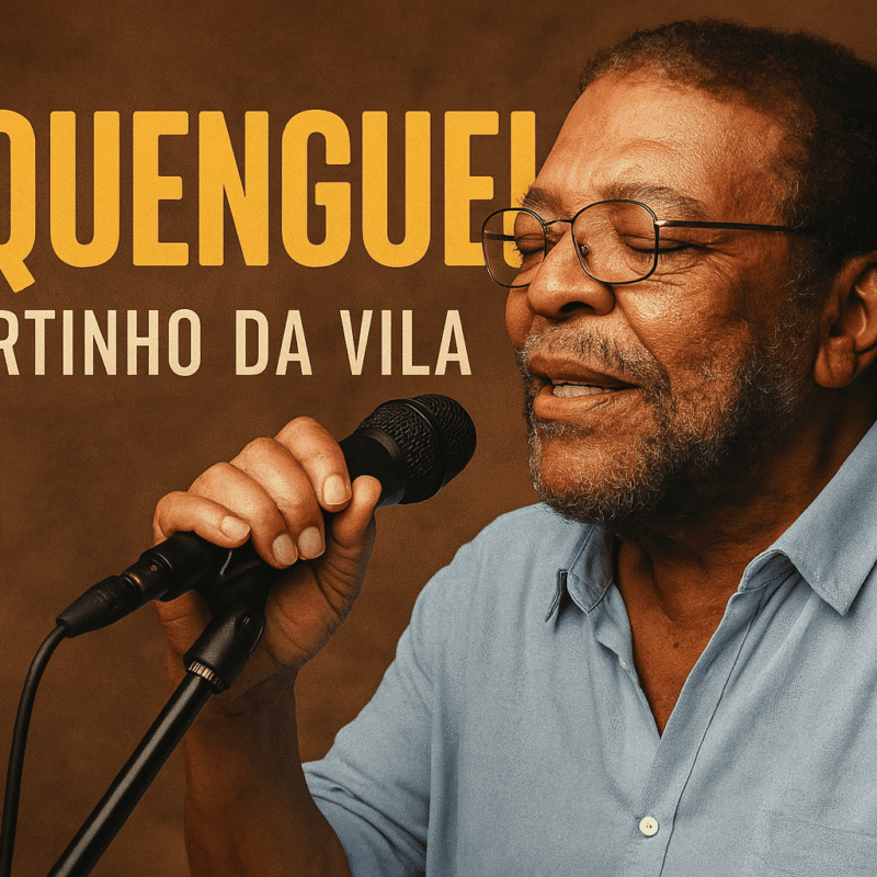 Cantor de samba interpretando canção ao microfone, representando Martinho da Vila e o simbolismo poético da música “Requenguela”.
