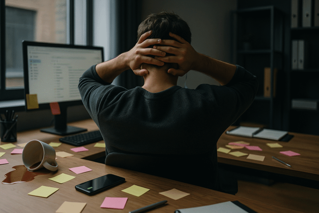 Homem sentado à mesa bagunçada, mãos na cabeça, cercado por post-its, café derramado e celular, simbolizando o caos dos dias absurdos e o esforço para manter a calma.