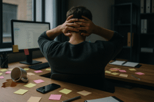 Homem sentado à mesa bagunçada, mãos na cabeça, cercado por post-its, café derramado e celular, simbolizando o caos dos dias absurdos e o esforço para manter a calma.