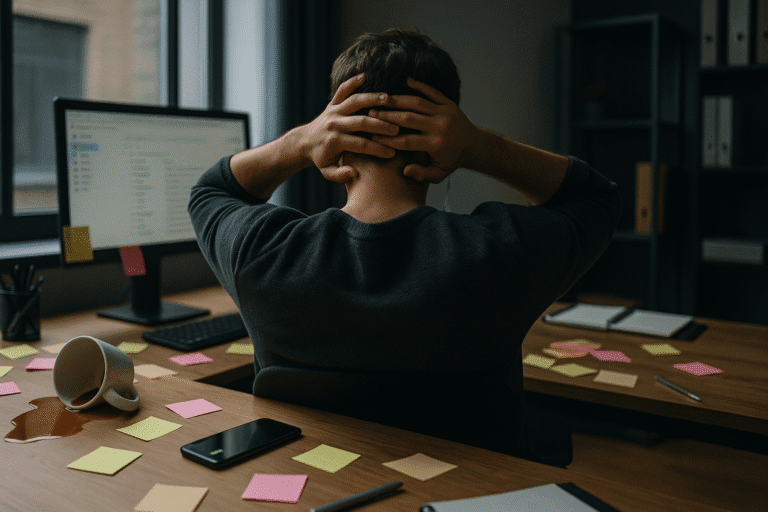 Homem sentado à mesa bagunçada, mãos na cabeça, cercado por post-its, café derramado e celular, simbolizando o caos dos dias absurdos e o esforço para manter a calma.
