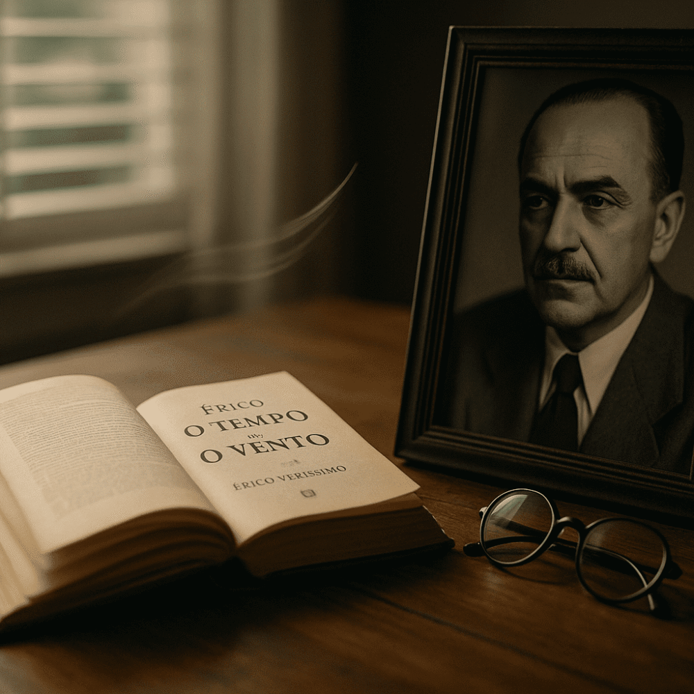 Livro “O Tempo e o Vento” aberto sobre mesa de madeira ao lado de retrato clássico de Érico Veríssimo e óculos de leitura, em luz suave e ambiente nostálgico.