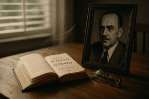 Livro “O Tempo e o Vento” aberto sobre mesa de madeira ao lado de retrato clássico de Érico Veríssimo e óculos de leitura, em luz suave e ambiente nostálgico.