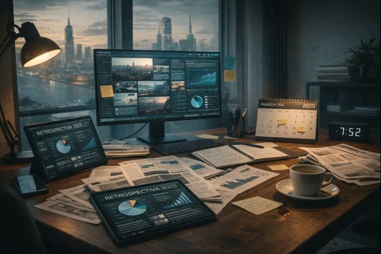 Mesa de trabalho moderna com computador, anotações, gráficos, café e vista urbana ao entardecer, representando reflexão, análise e retrospectiva do ano de 2025.