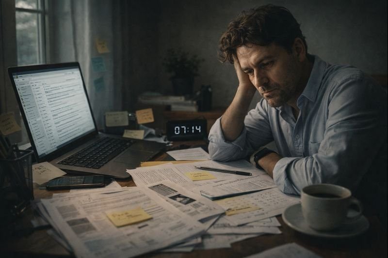 Homem iniciando a primeira semana do ano em um ambiente urbano, refletindo sobre rotina, recomeços possíveis e a retomada silenciosa do cotidiano após o ano novo.