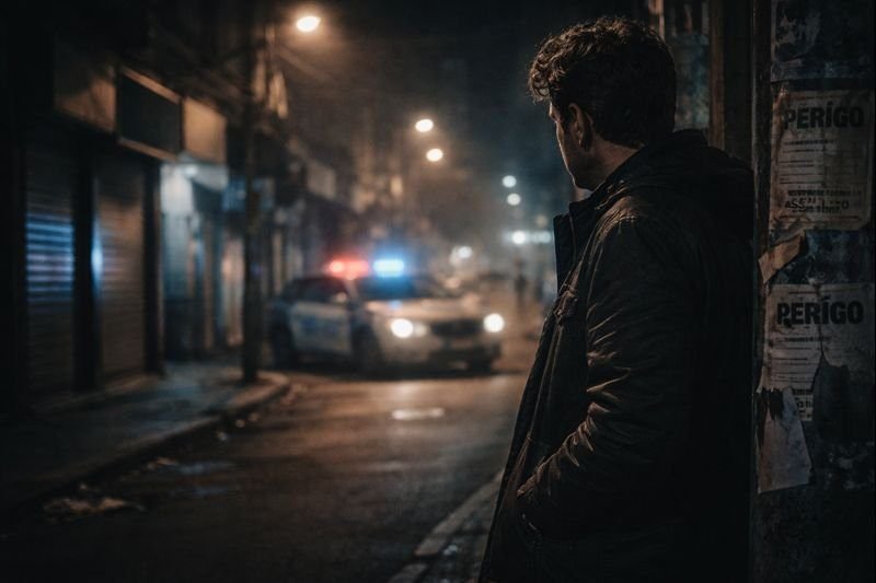 Homem observa uma rua urbana à noite com presença policial, simbolizando a sensação de insegurança, medo cotidiano e o impacto da violência na rotina das cidades.