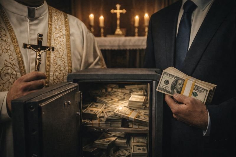Cena simbólica mostra um religioso e um empresário diante de um cofre cheio de dinheiro, representando a relação entre fé, poder econômico e silêncio institucional.