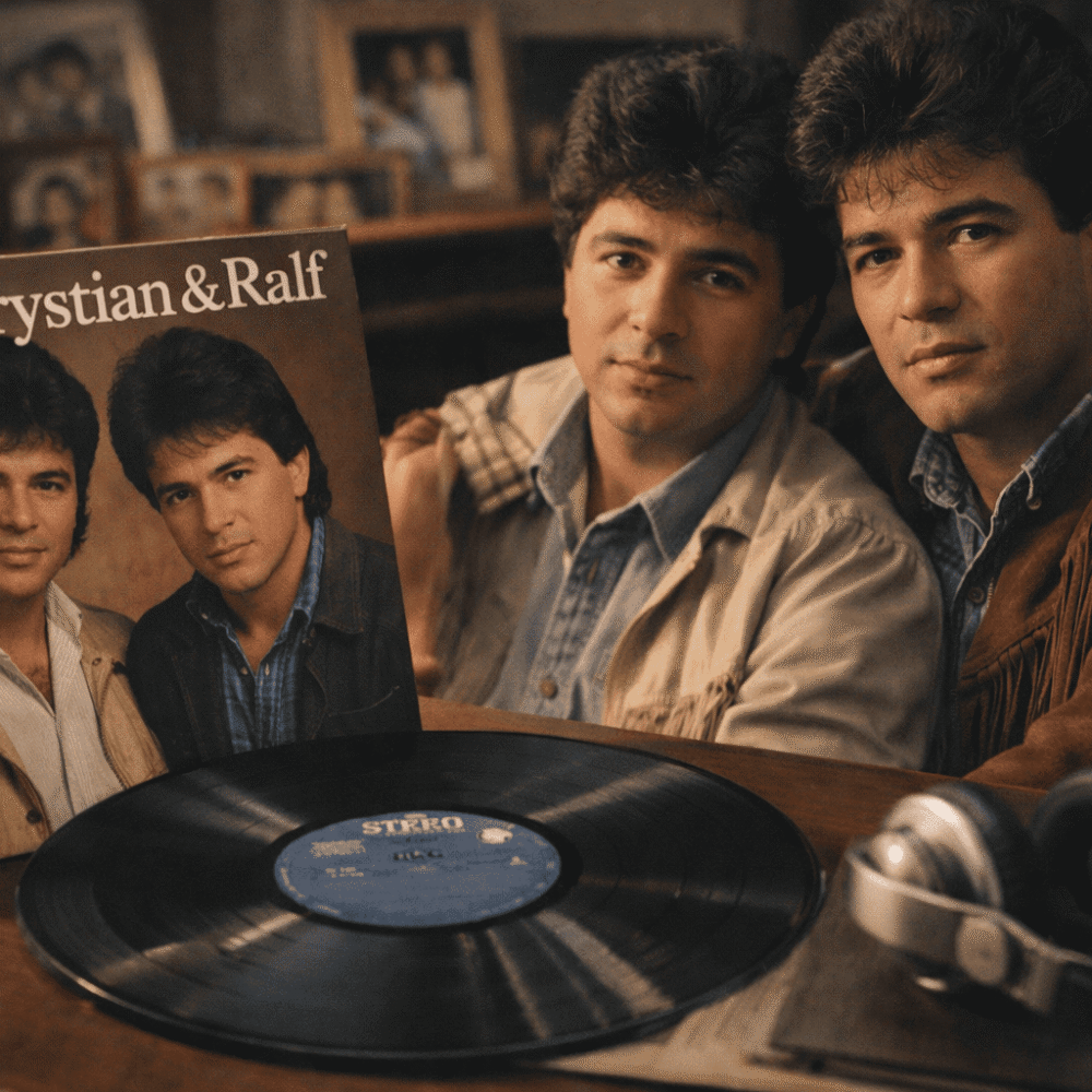 Disco de vinil de Chrystian & Ralf sobre mesa de madeira, com relógio antigo e objetos retrô, representando o tempo, a memória e a música sertaneja dos anos 1980.