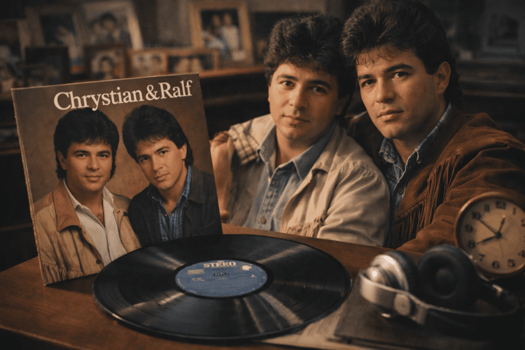 Disco de vinil de Chrystian & Ralf sobre mesa de madeira, com relógio antigo e objetos retrô, representando o tempo, a memória e a música sertaneja dos anos 1980.
