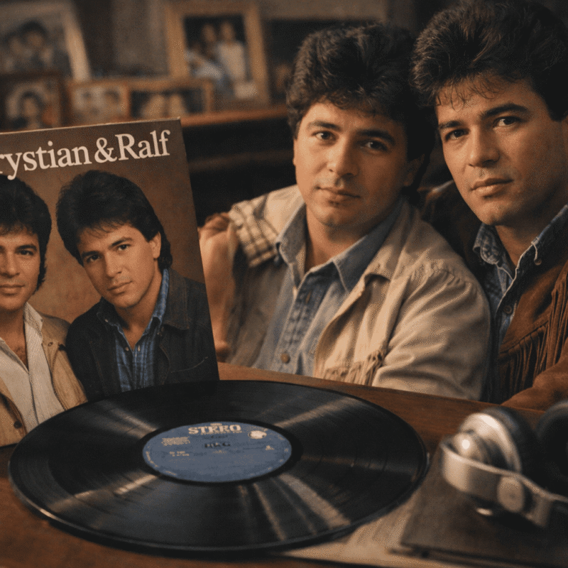 Disco de vinil de Chrystian & Ralf sobre mesa de madeira, com relógio antigo e objetos retrô, representando o tempo, a memória e a música sertaneja dos anos 1980.