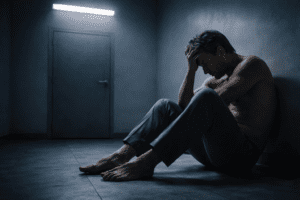 Homem sentado no chão de um quarto vazio e iluminado por luz fria, simbolizando traição, culpa e queda moral em ambiente de suspense.