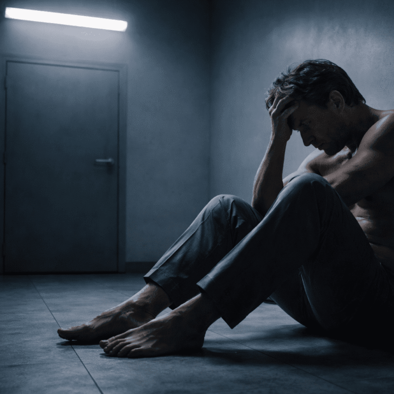 Homem sentado no chão de um quarto vazio e iluminado por luz fria, simbolizando traição, culpa e queda moral em ambiente de suspense.