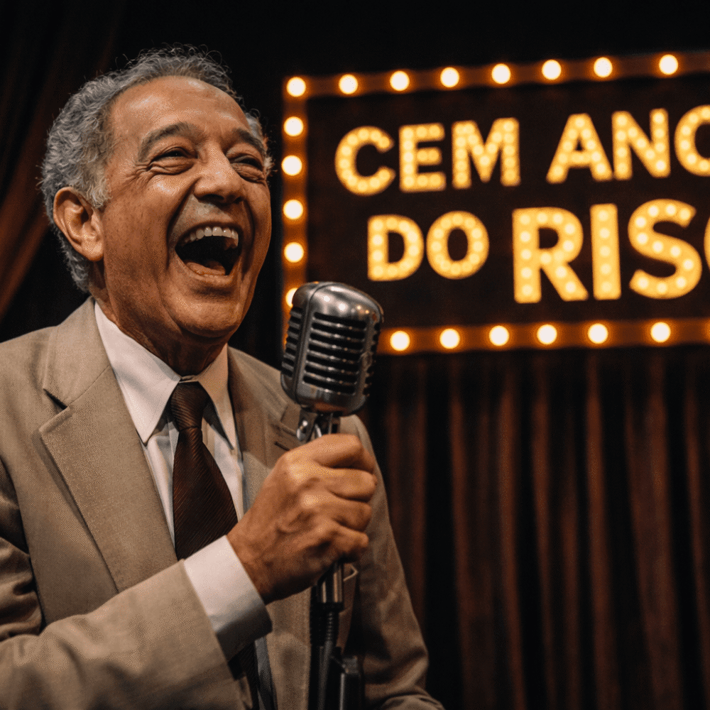 Comediante em palco clássico com microfone vintage e iluminação teatral, representando o humor inteligente e elegante da comédia brasileira tradicional.