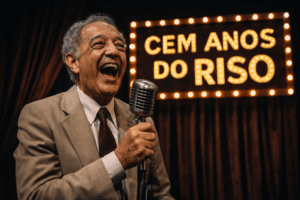 Comediante em palco clássico com microfone vintage e iluminação teatral, representando o humor inteligente e elegante da comédia brasileira tradicional.