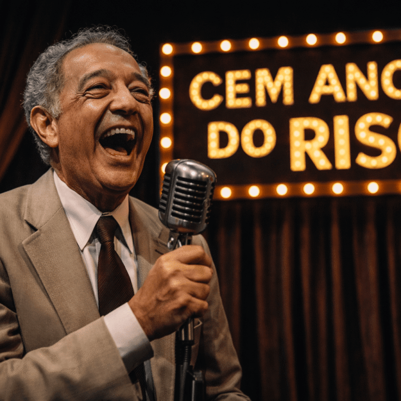 Comediante em palco clássico com microfone vintage e iluminação teatral, representando o humor inteligente e elegante da comédia brasileira tradicional.