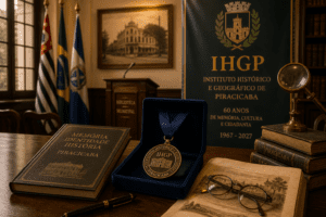 Ambiente histórico com livros antigos, documentos e medalha sobre mesa de madeira, simbolizando memória, tradição e preservação cultural em instituição histórica.