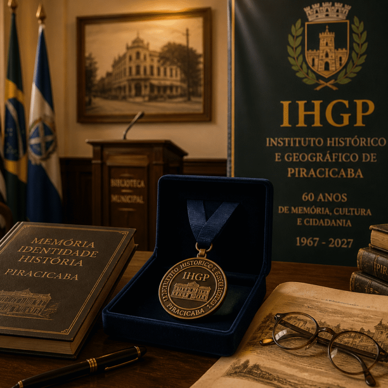 Ambiente histórico com livros antigos, documentos e medalha sobre mesa de madeira, simbolizando memória, tradição e preservação cultural em instituição histórica.