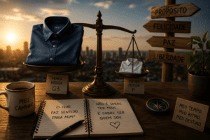 Balança com duas camisas de tamanhos diferentes sobre mesa ao pôr do sol, simbolizando identidade, comparação social e a busca por uma vida que realmente faça sentido.