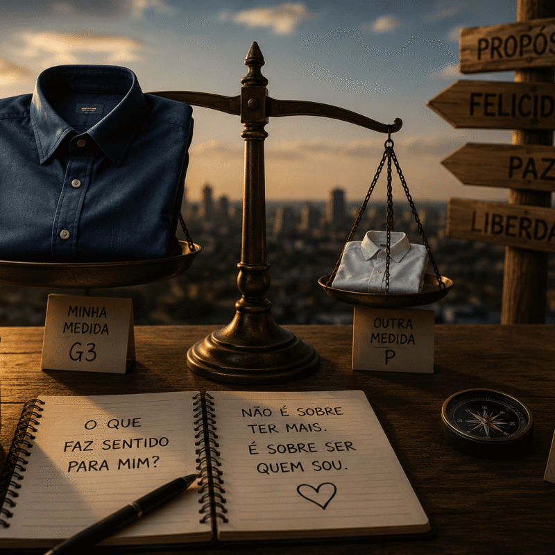 Balança com duas camisas de tamanhos diferentes sobre mesa ao pôr do sol, simbolizando identidade, comparação social e a busca por uma vida que realmente faça sentido.