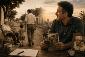 Homem adulto observa fotografias antigas enquanto relembra a infância ao lado do pai em uma rua de bairro nos anos 1980, simbolizando memória, tempo e vínculos familiares.