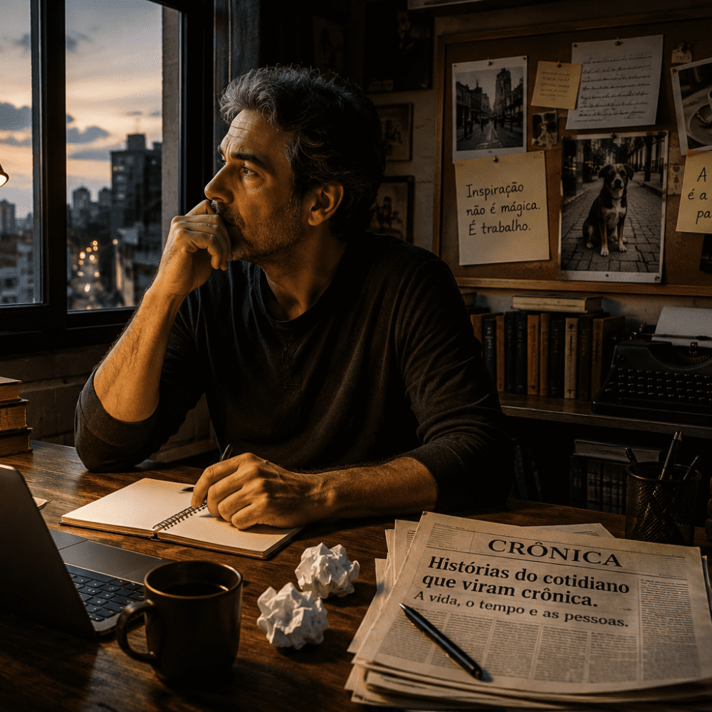 Escritor sentado em escritório iluminado por luminária, olhando pela janela ao entardecer enquanto reflete diante de uma mesa com livros, papéis e computador.