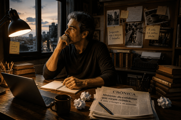 Escritor sentado em escritório iluminado por luminária, olhando pela janela ao entardecer enquanto reflete diante de uma mesa com livros, papéis e computador.