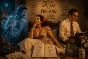 Mulher refletindo entre duas figuras masculinas simbólicas em ambiente vintage, representando o conflito entre estabilidade, desejo, razão e paixão nos relacionamentos humanos.
