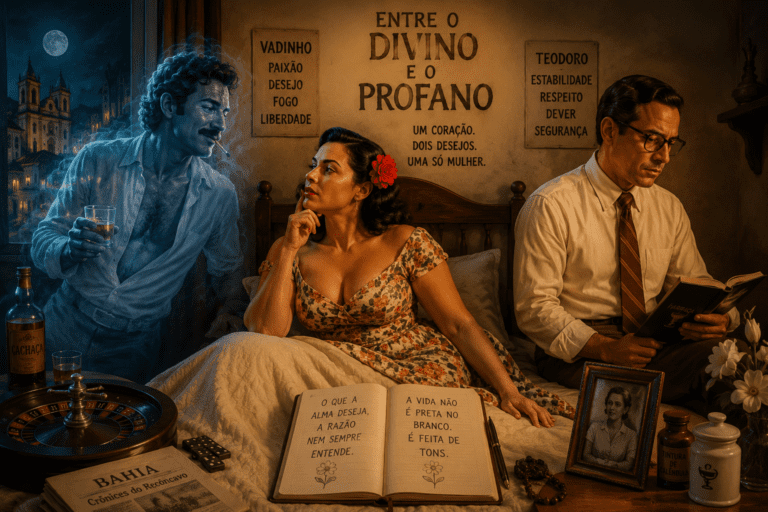 Mulher refletindo entre duas figuras masculinas simbólicas em ambiente vintage, representando o conflito entre estabilidade, desejo, razão e paixão nos relacionamentos humanos.