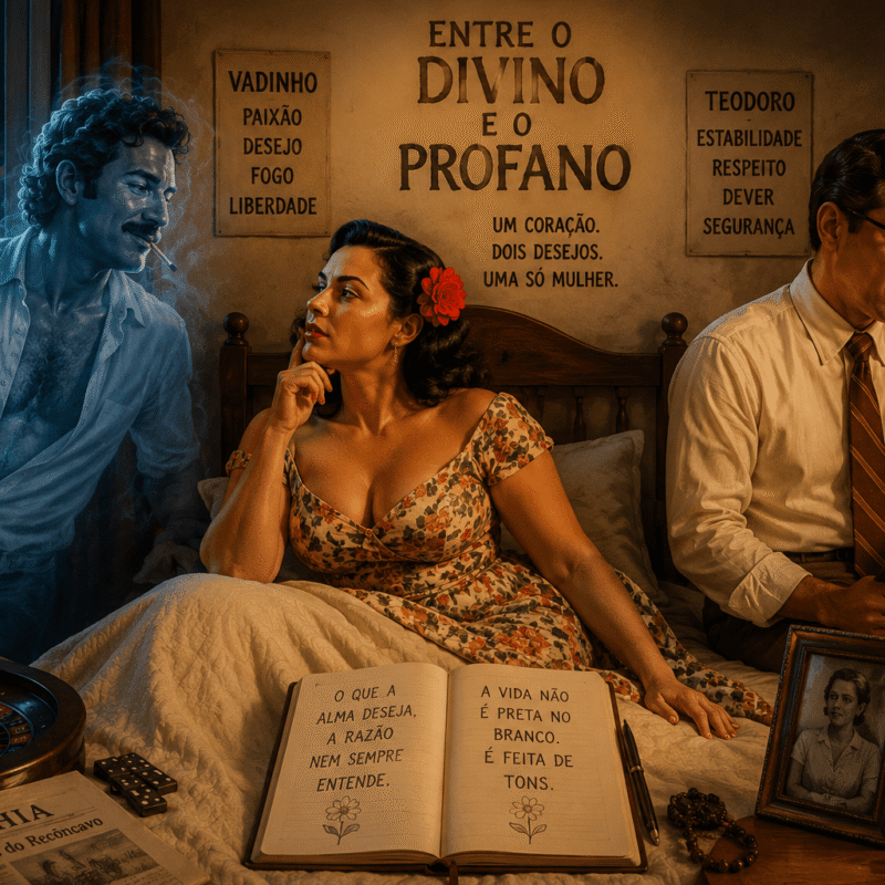 Mulher refletindo entre duas figuras masculinas simbólicas em ambiente vintage, representando o conflito entre estabilidade, desejo, razão e paixão nos relacionamentos humanos.